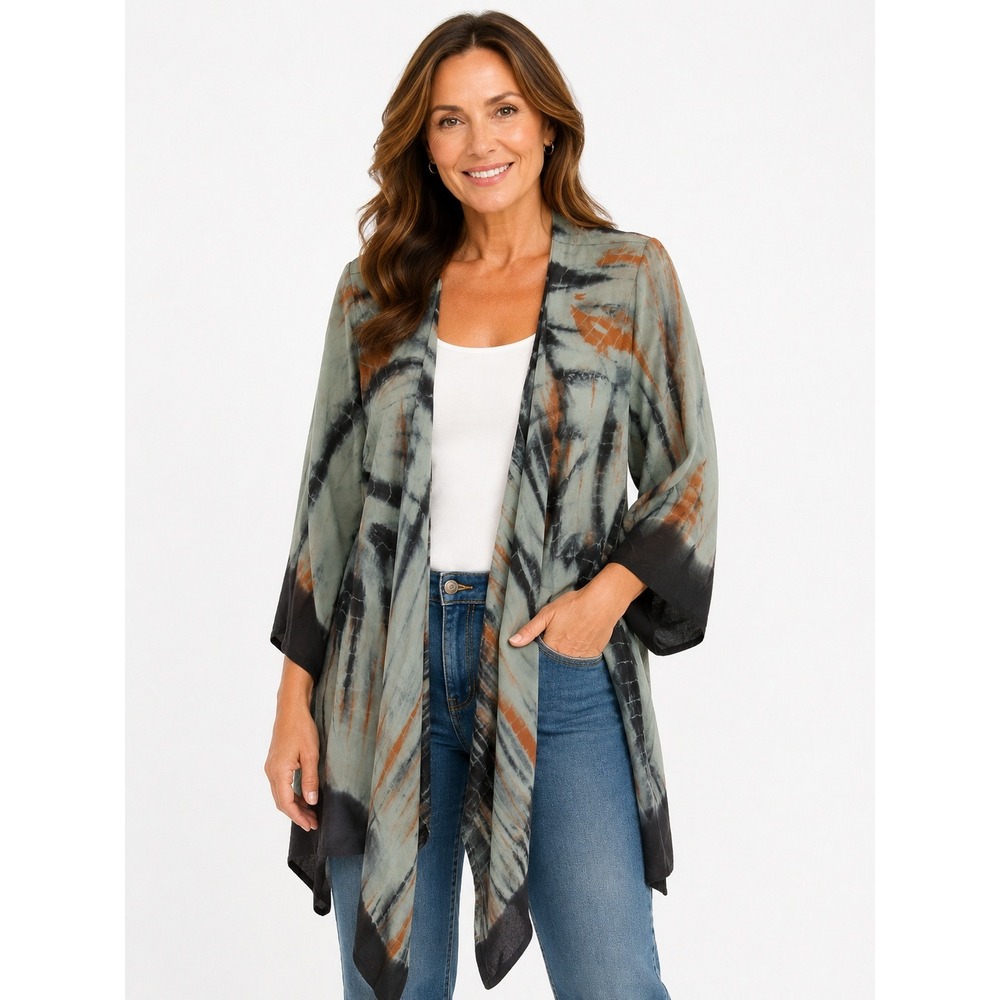 Soft Surroundings Silk Kimono Cardigan Womens XL Gray‎ Tie Dye Boho Layer Artsy